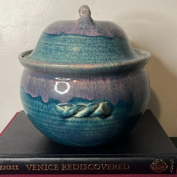 John Garrou Pottery 1991 Blue & Purple Glazed Stock Pot with Lid - Picture 4 of 11